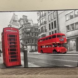 New London Picture w/ Iconic Double Decker bus & phone booth 16"W × 11"H