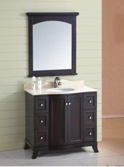 48” Solid wood Bathroom vanity in espresso with marble countertop, with soft closing drawers and soft closing doors and solid wood frame mirror.
