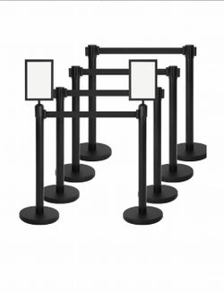 8 Pcs Stanchions with 8.2 ft Retractable Belt + 2 Sign Holders- Black Crowd Control