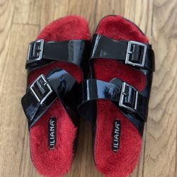 New Liliana Black & Red Fuzzy Sandals