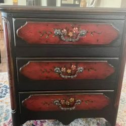 VINTAGE ORNATE WOOD HAND PAINTED FLORAL FLOWER ROSE VICTORIAN ACCENT SIDE OCCASIONAL TABLE STORAGE CHEST OF DRAWERS CABINET