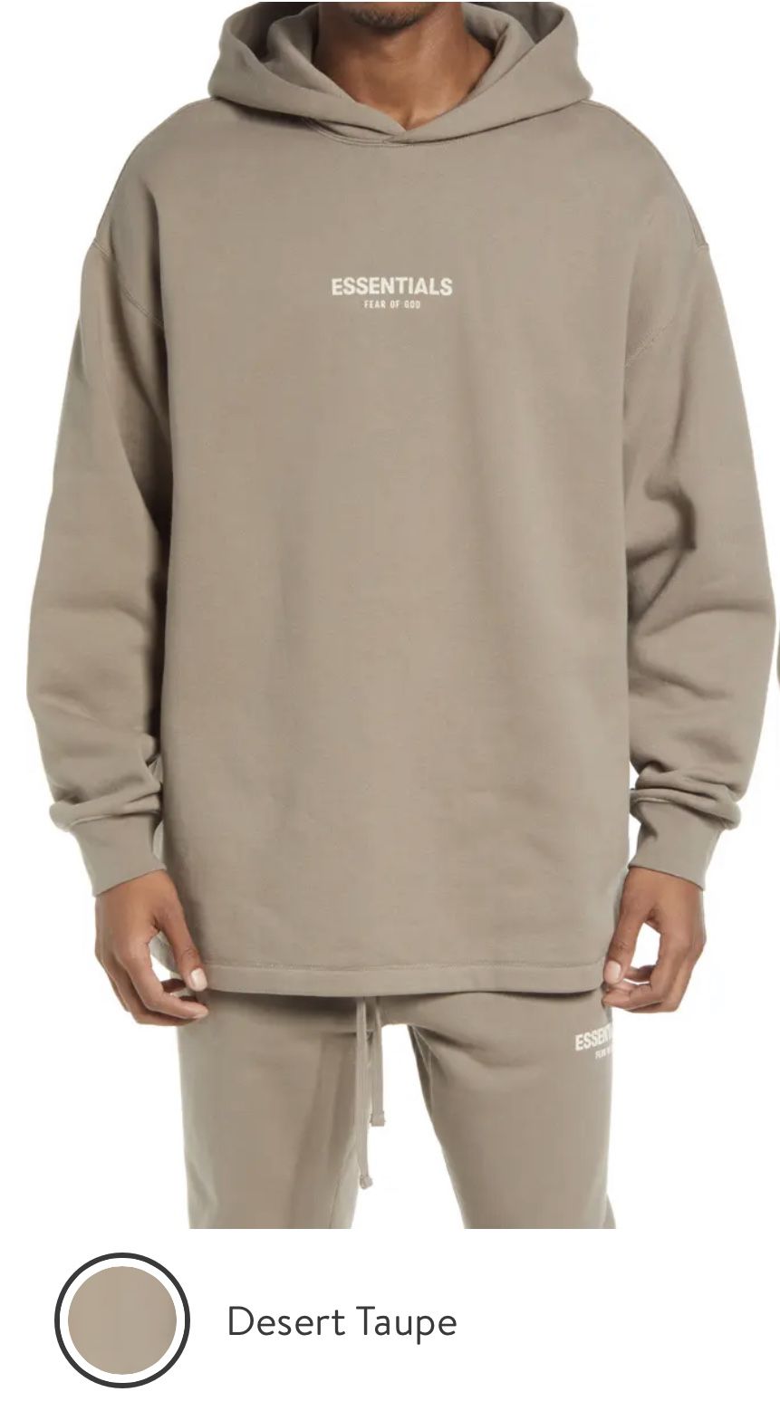 Fear of God “Essentials” pull over hoodies. (Desert Taupe) colorway. Now available! Sizes: (MED/LRG/XXL). In Mens. $145. Each cash. 
