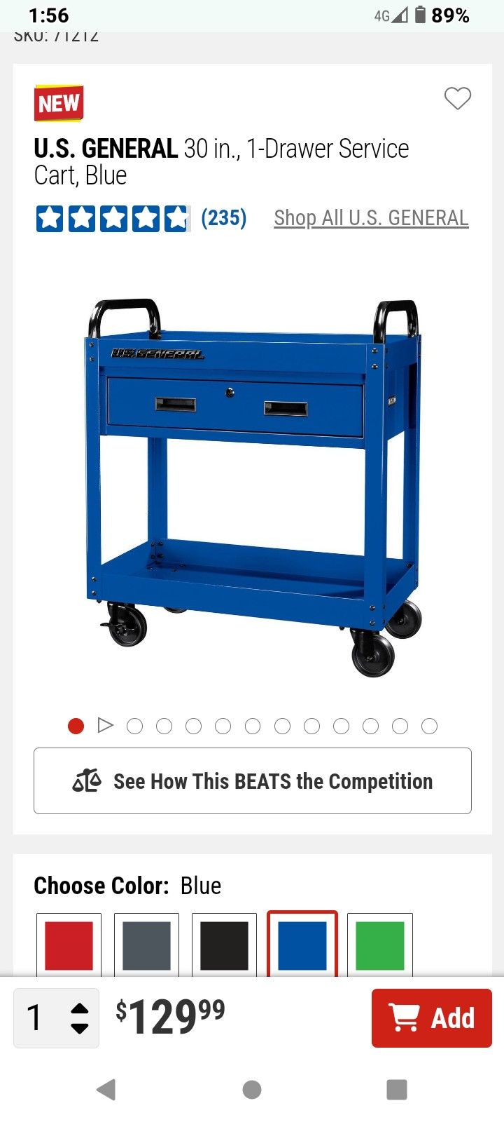 U.S. GENERAL 30 in., 1-Drawer Service Cart, Blue