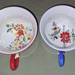 Anthropologie Cadiz Floral French Country Mugs Set Of 2-Red & Blue Handles 