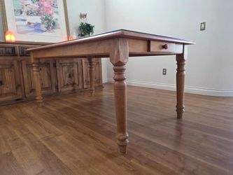 Beautiful Solid Wood Dining Table with Glass Top & Storage Drawer
