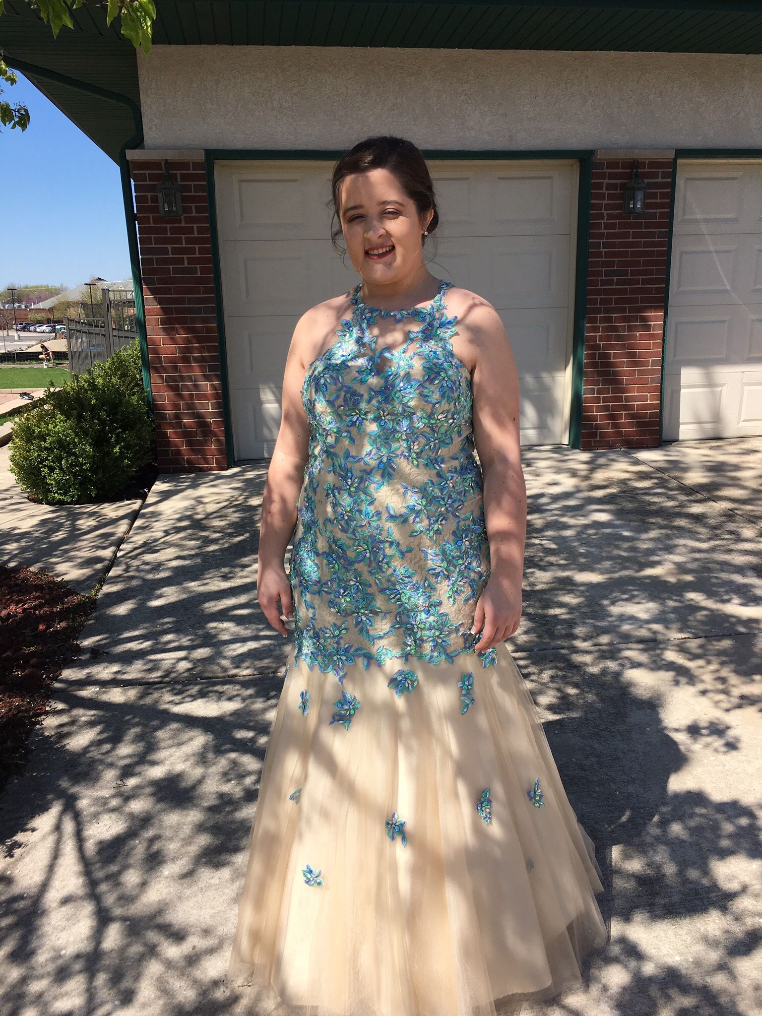 Prom Dress  16w- Mermaid-Nude With Blue Green Embellishments 