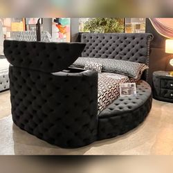 Luxury velvet Black Queen storage circle  bed with fireplace & TV Stand