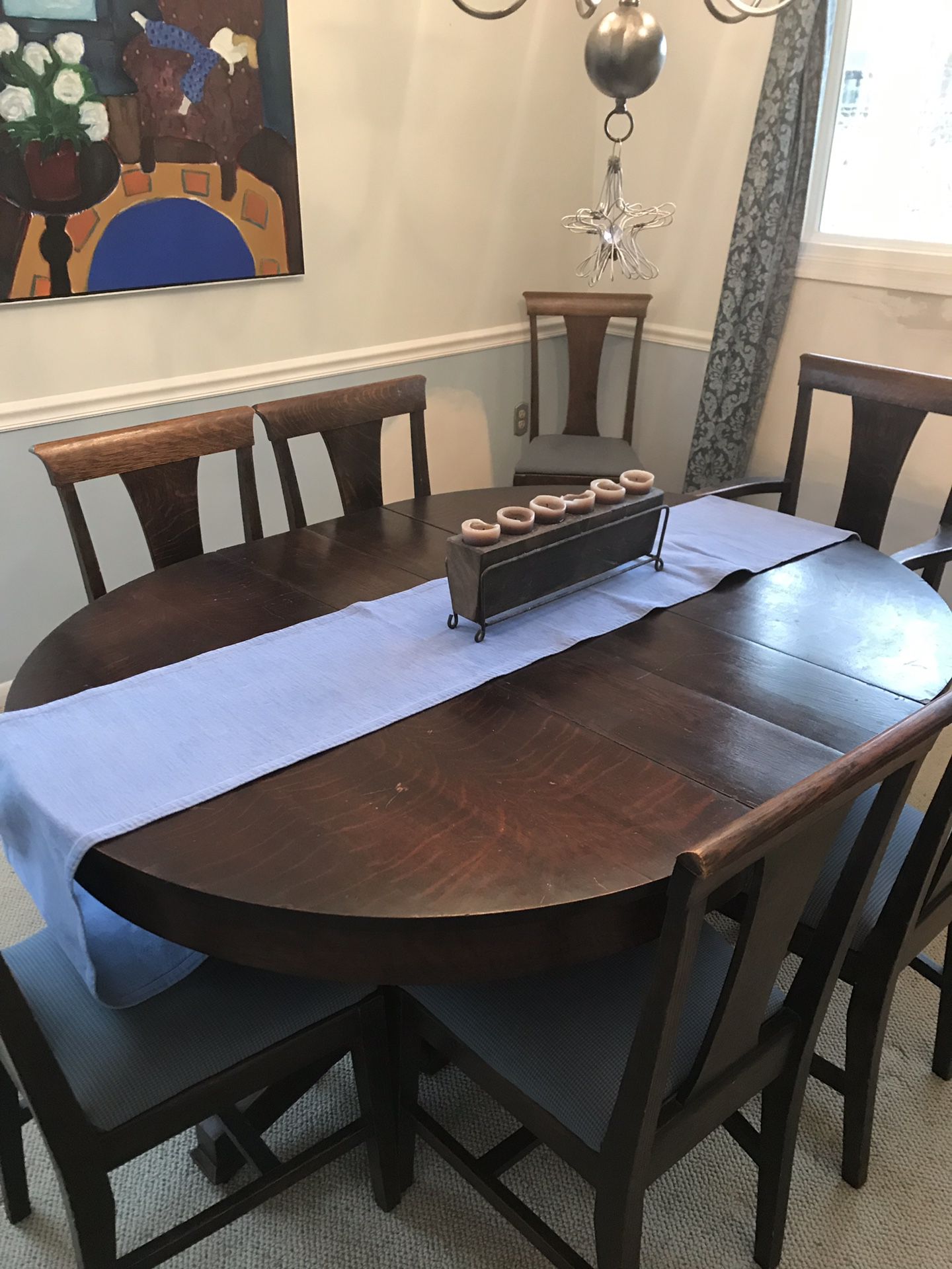 Antique oak table with 8 chairs expand to 76” table with 3 leafs