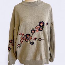 Vintage Womens Drop Shoulder Flower Embroidered Sweatshirt Oversized Gray 90s