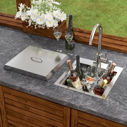 15 In. Outdoor Kitchen Sink, Drop In Workstation Bar Sink for Patio, RV and Utility Use, Single Bowl 304 Stainless Steel with Faucet and Dust Lid, 15"