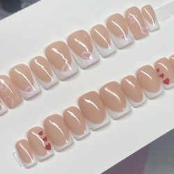 Short square press on nails white French tip pink red hearts nude glitter shiny