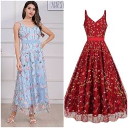 Long Floral Embroidery Dress for Women Flower Embroidered Maxi Dress Spaghetti Straps Formal Evening Party Tulle Prom Dress