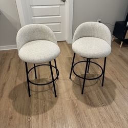 Modern Bouclé Counter Stools (Set of 2) – Curved Back, Black Metal Frame