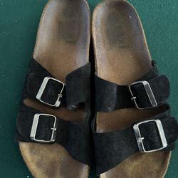 Black Suede Double Buckle Slide Sandals Womens Size 10 Birkenstock Style Comfort