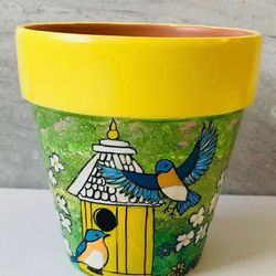 Hand Painted Clay Pot ‘Birdhouse’
