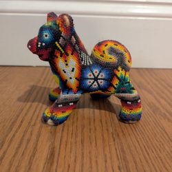 RARE Dog Wolf Husky Huichol Rainbow Beaded Mexican Art Sculpture Figure Statue Decor