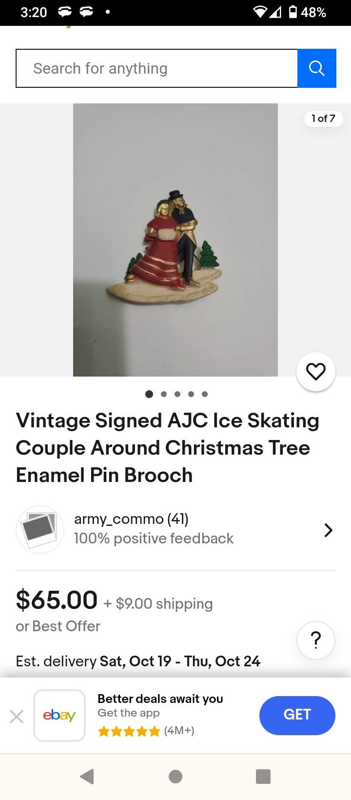 Vintage Signed AJC Ice Skating Couple Around Christmas Tree And I'm A Pin Broach