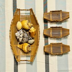 Vintage 1950s Bamboo Oshibori Basket Set – 1 Large + 9 Small