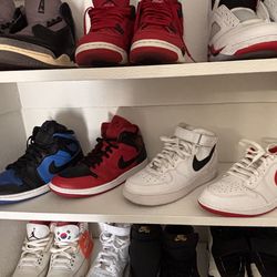 2 air Jordan pairs, one Air Force1 snakeskin, o e air Jordan low university red $85 each