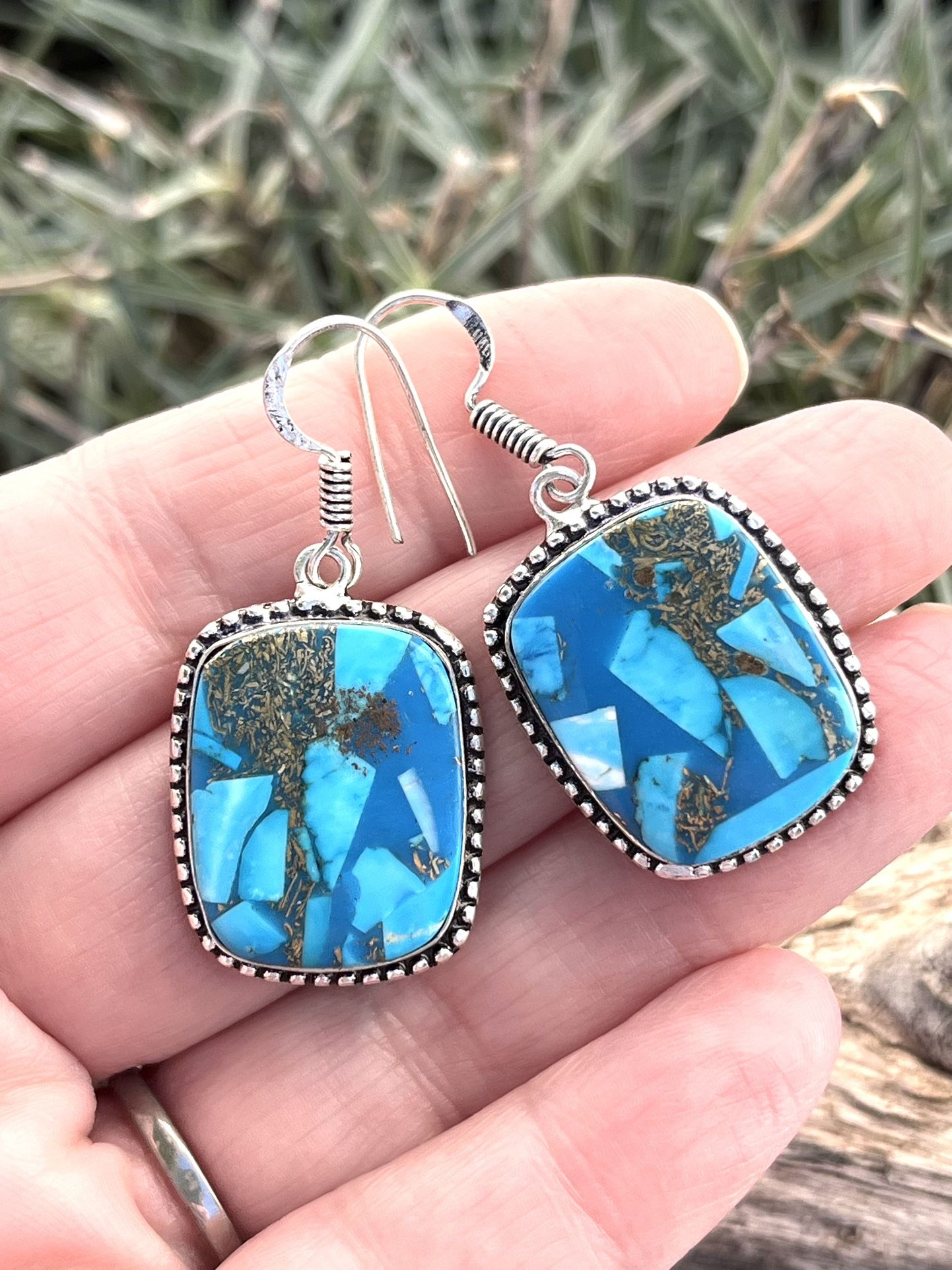 Handcrafted Copper Turquoise Mosaic 925 Silver 2” Earrings-AE55584