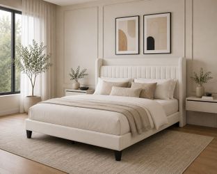 Queen bed Upholstered Bed Frame with LED & Charging Station, White , charging station, tufted wingback headboard, noise-reducing support, and no box s