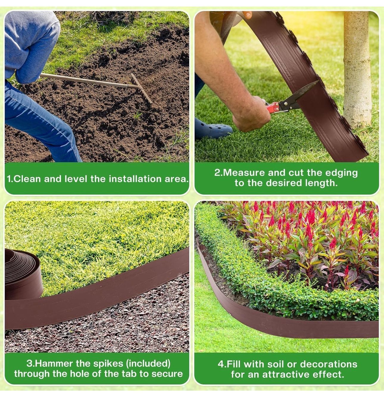 Landscape Edging Coil 66 FT, 4 Inch Tall Garden Edging Border Flexible Lawn Edging Kit with 60 Spikes, Plastic Edging for Landscaping Flower Beds Yard