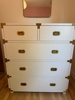 White Campaign-Style Dresser with Brass Hardware