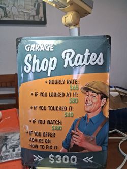 Sarcastic Retro Garage Shop Rates metal sign