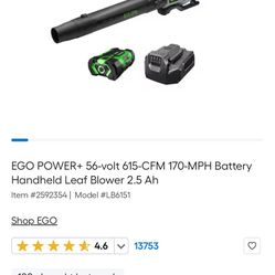  EGO POWER+ 56-volt 615-CFM 170-MPH Battery Handheld Leaf Blower 2.5 Ah one battery one charger