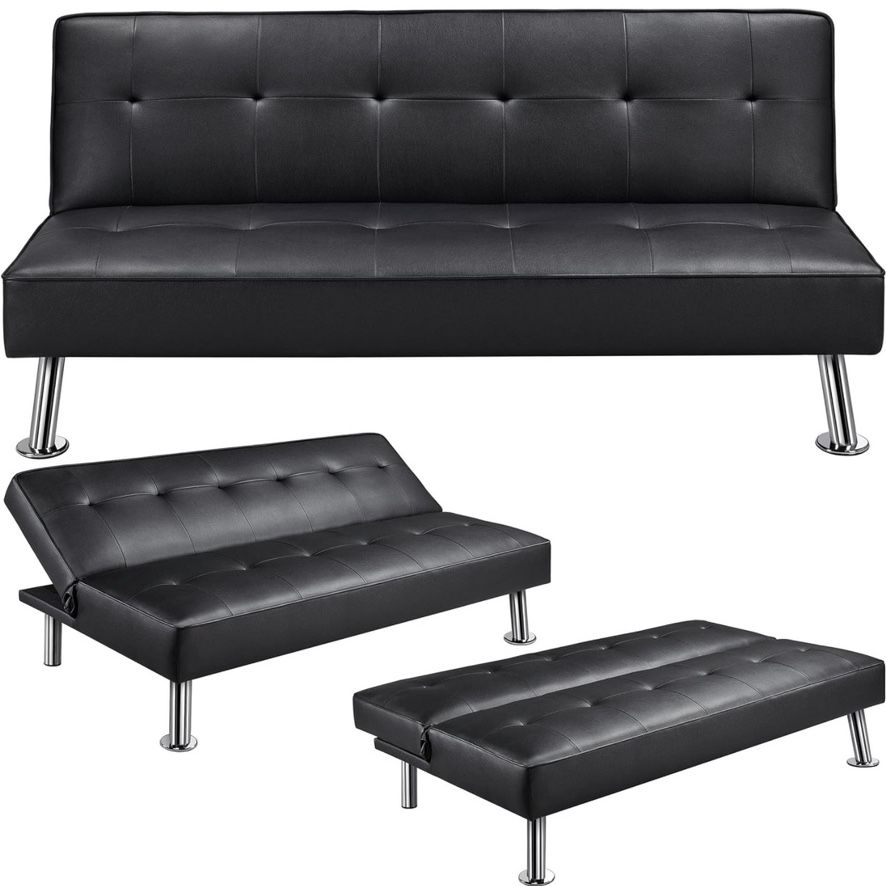 Modern Folding Futon Loveseat Black Faux Leather Futon Sleeper Bed Convertible Futon Couch Bed for Living Room