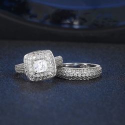 2 Piece White Gold / Solid 925 Sterling Silver Diamond 1 Carat Princess Cut Engagement Promise Ring 