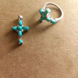 New.925.Silver. Turquoise Cross Ring & PENDANT.  SIZE 7.