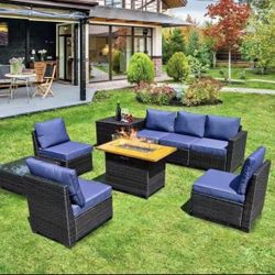 9pc Outdoor Patio Sectional Furniture Set With Fire Pit 