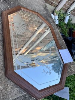 Octagonal Wood Framed Wall Mirror with Etched Design