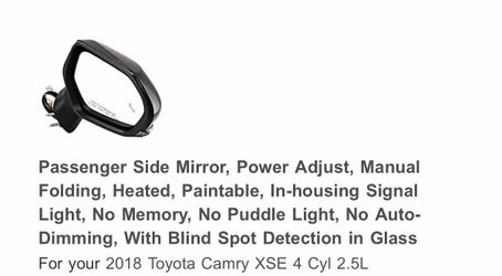 Toyota Camry Black Passenger Side Mirror