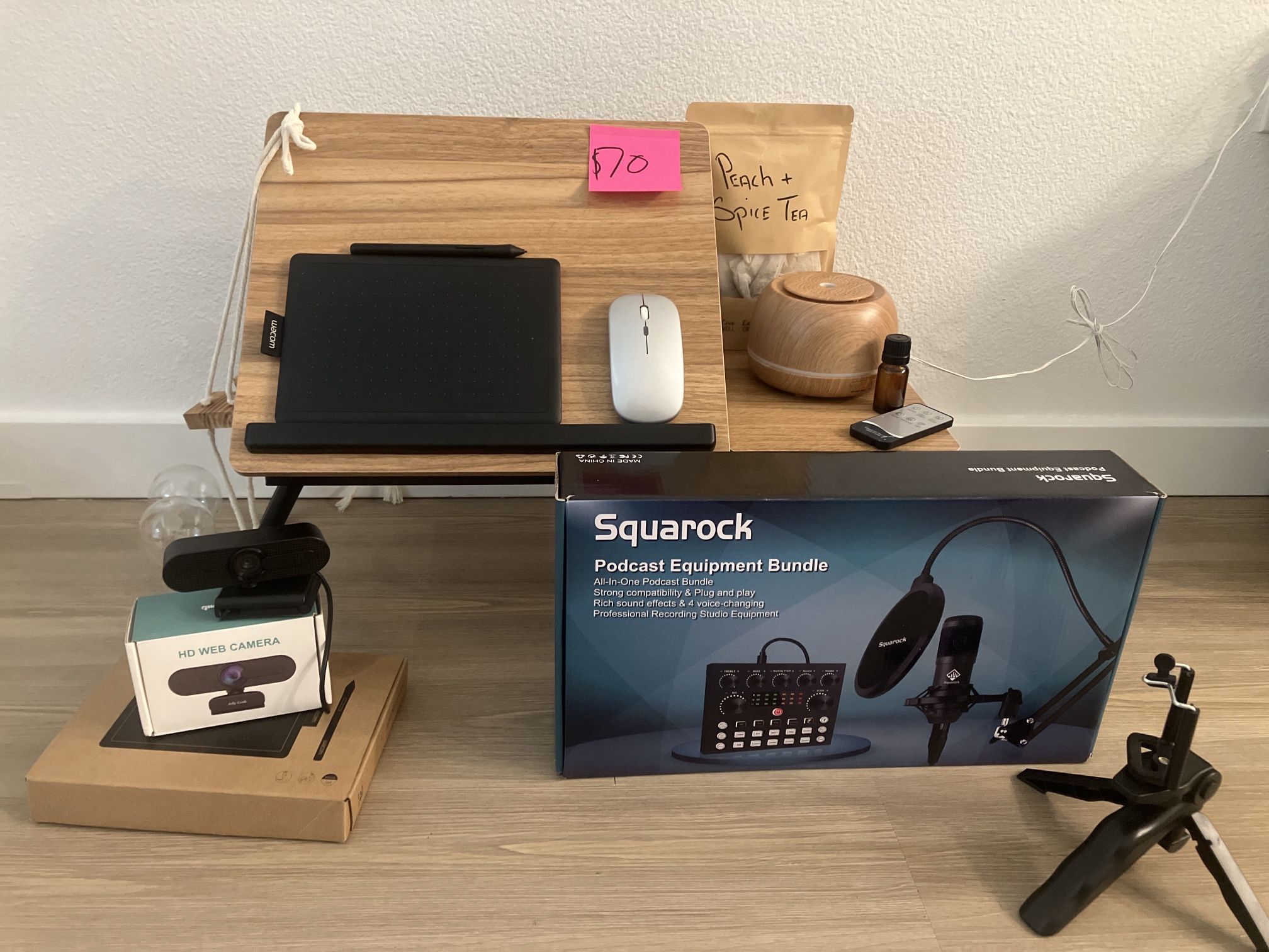 Content Creator Bundle β Podcast Kit (Missing Shock Mount), HD Webcam, Drawing Tablet, Laptop Desk + Extras ($55)