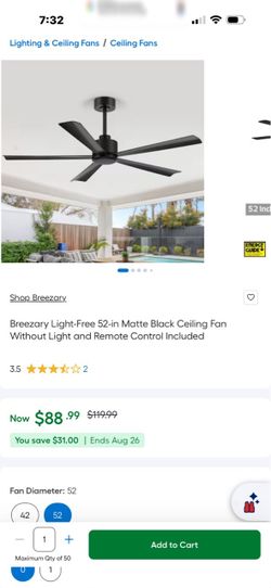 Matte Black Ceiling Fan 52”