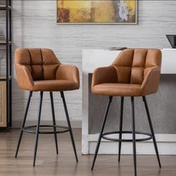 CIMOTA Brown Leather Bar Height Stools Set of 2 Upholstered Modern Barstools 30 Inch High Bar Chairs Comfy Island Chairs with Back/Arms for Kitchen Is