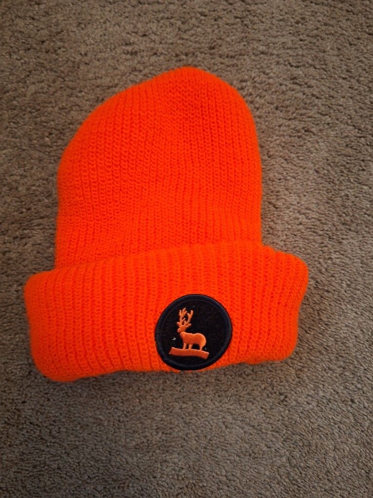 Vintage Deer Buck Patch Orange Ribbed Knit Beanie
