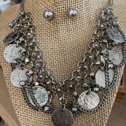 Juego Collar Aretes Stainless Cadena Monedas Joyería Antigua 