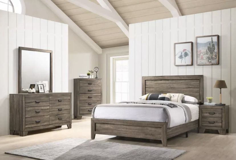 Queen Gray 4pc Bedroom Set Bed Dresser Mirror Nightstand