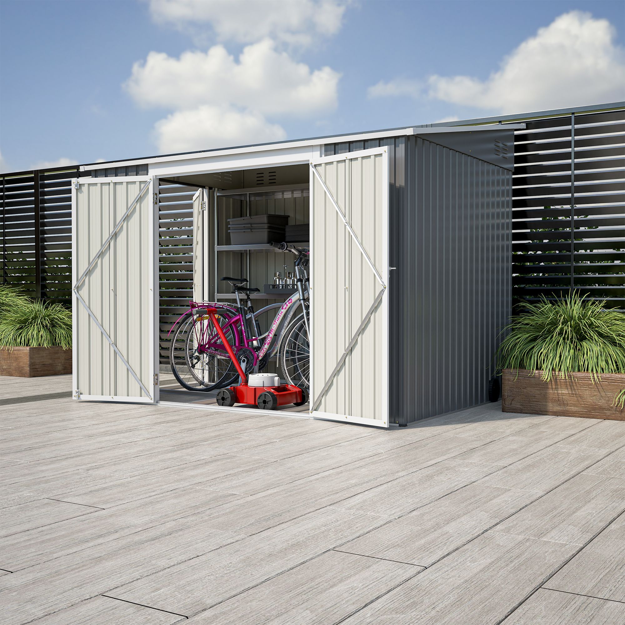 8' x 6' Metal Lean to Garden ShedOutdoor Storage Shed with Lockable Double Doors and Adjustable Side Doors Weatherproof Metal Utility Shed Aluminu