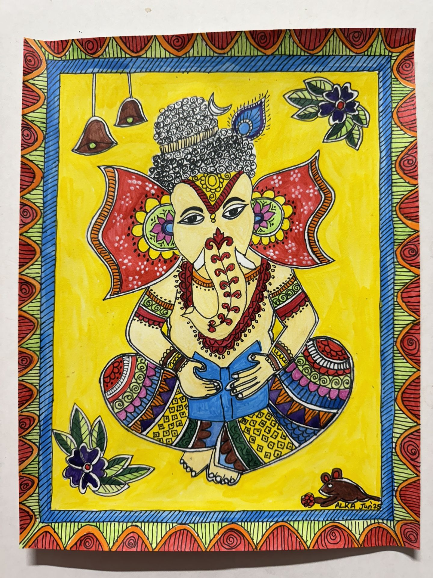 GANESH Hindu Madhubani painting Paper artist signed original 8.5X 11" unframed