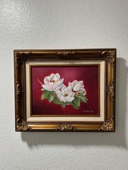 Original Oil Painting White Magnolias Signed Mildred King 2004 Ornate Gold Frame