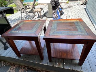 Set of 2 Vintage End Tables 2’x2’x2’ Slate Inlay Veneer