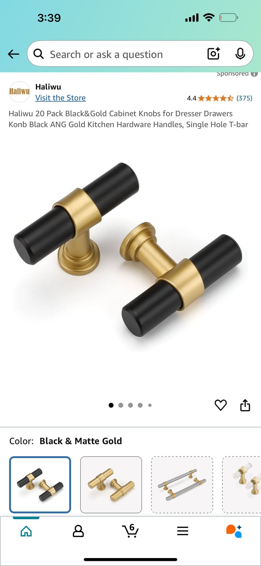 Haliwu 20 Pack Black & Gold Cabinet Knobs For Dresser Drawers Kitchen Hardware 