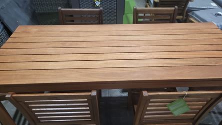 BRAND NEW OUTDOOR 100% FSC SOLID WOOD 82" TABLE WITH 6 STACKABLE CHAIRS