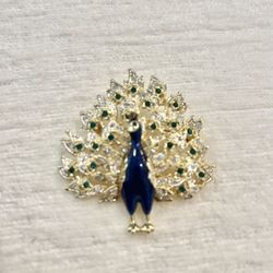 Vintage Blue Enamel Peacock Brooch W/ Clear & Green Rhinestones