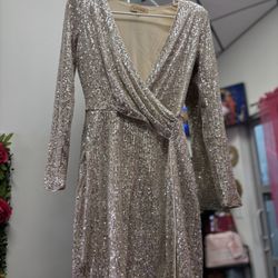 Champagne Sequined V-Line Short Dress 
