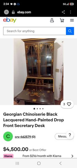Georgian Chinoiserie Black lacquer hand painted drop front secretary desk